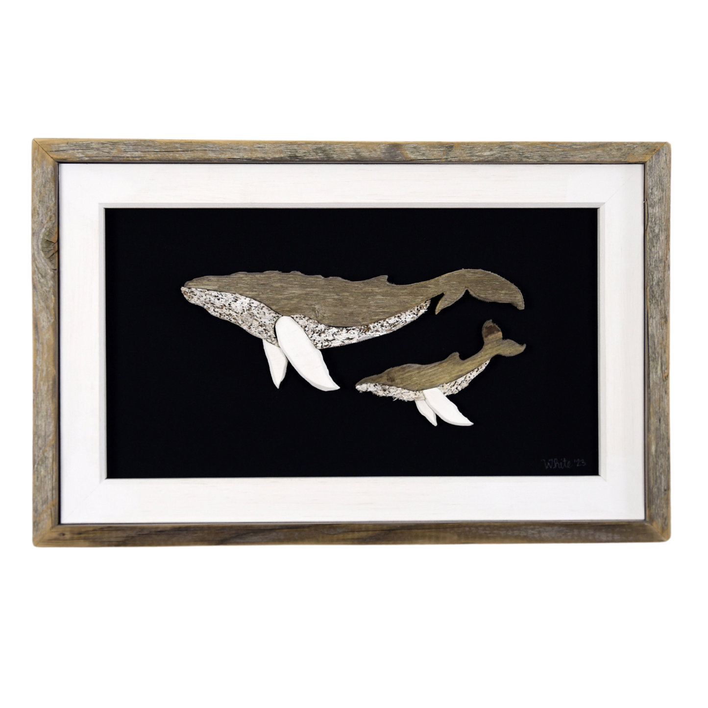 The White's Emporium's "The Mother" driftwood art piece features two humpback whales made from reclaimed wood and driftwood sourced in Newfoundland.