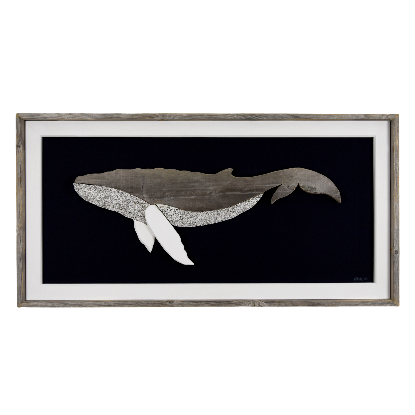 The Grandback features a whale made from reclaimed wood and driftwood with driftwood/reclaimed wood frame, white pine inside trim, and a navy or black canvas backing.