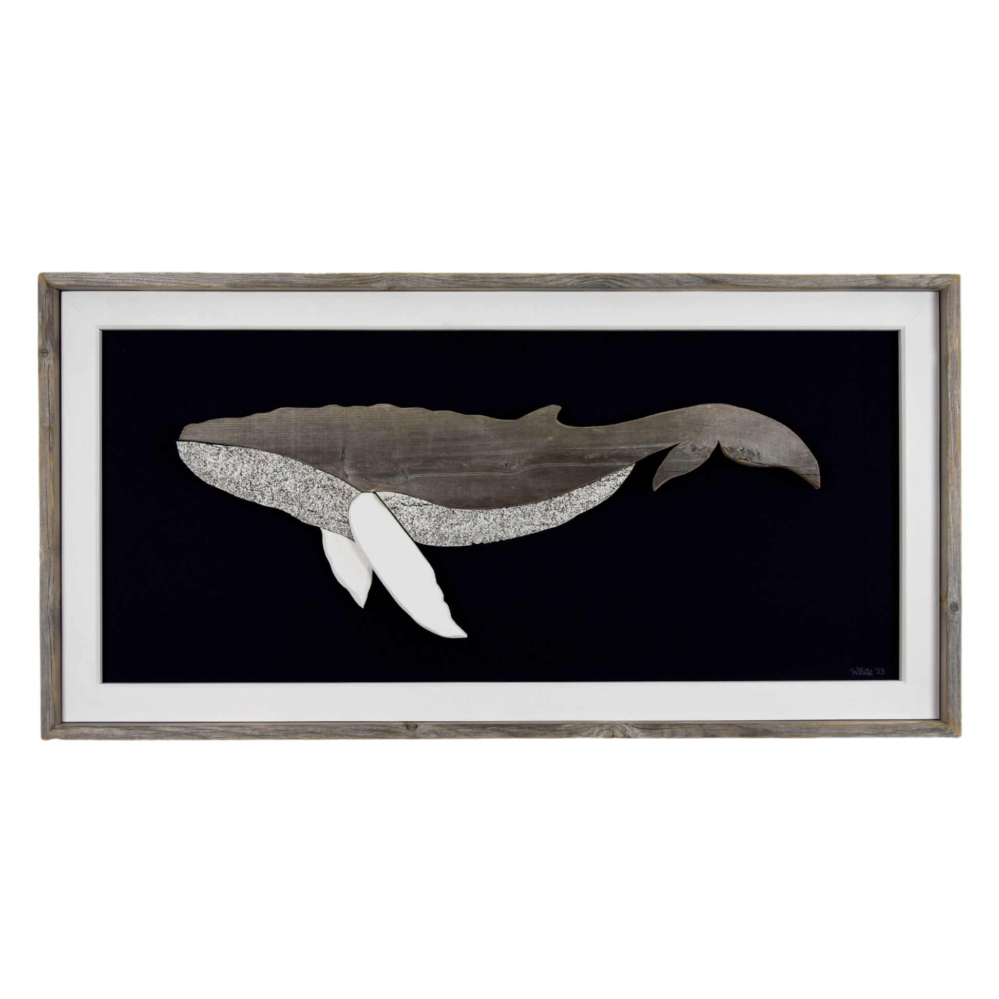 The Grandback features a whale made from reclaimed wood and driftwood with driftwood/reclaimed wood frame, white pine inside trim, and a navy or black canvas backing.