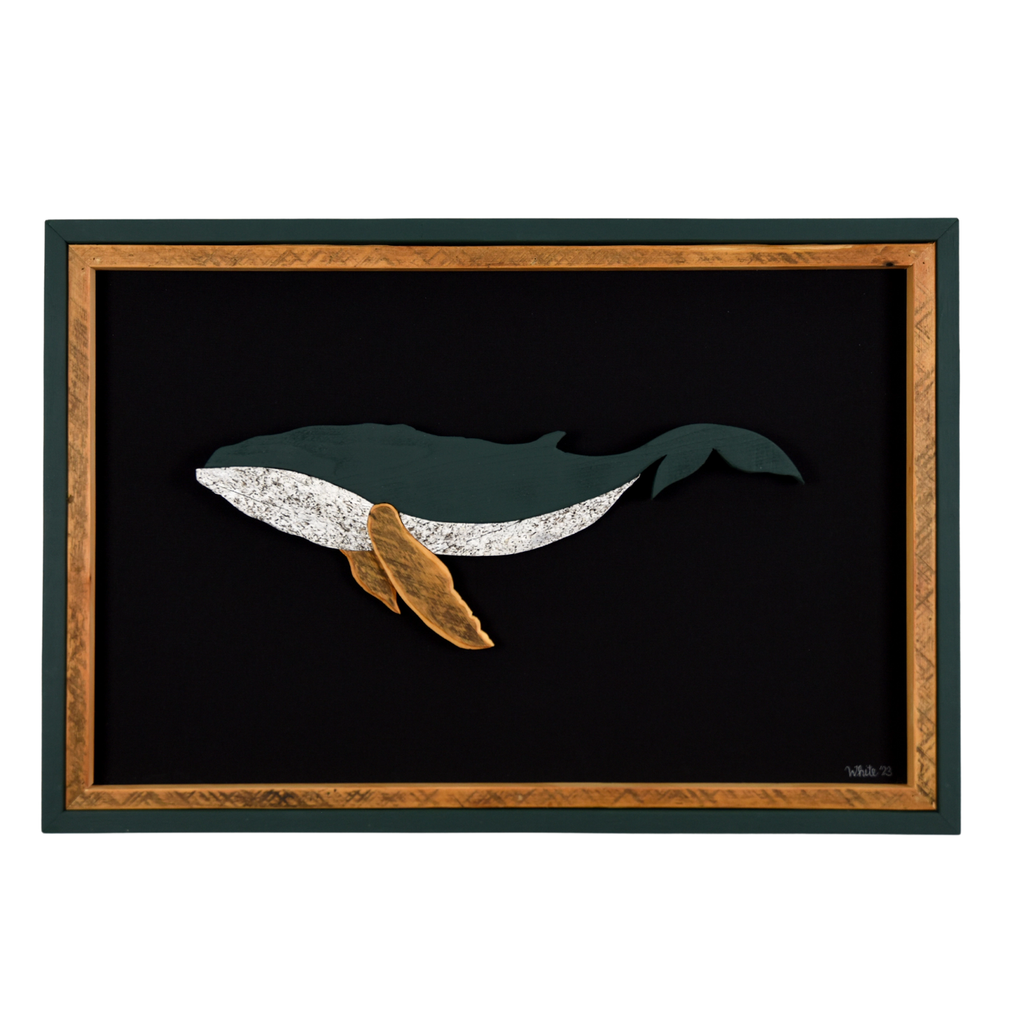 The Humpback showcases a humpback whale made from reclaimed wood and driftwood with green exterior frame, brown tone wood interior trim and fins, and a black canvas.