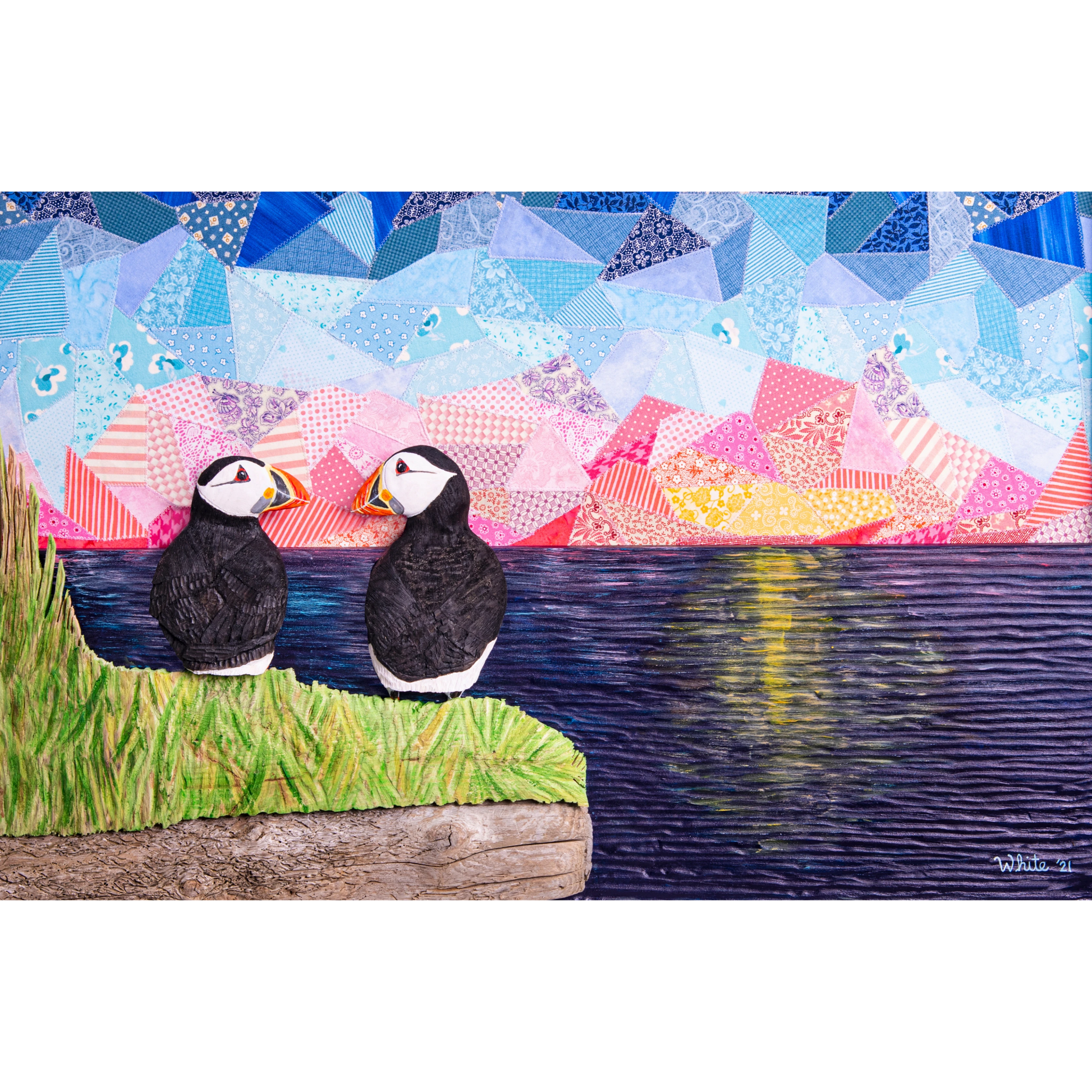 "The Perfect View" reproduction canvas showcases two puffins perched on a coastal rock, gazing lovingly at each other while enjoying a sunset over the ocean.