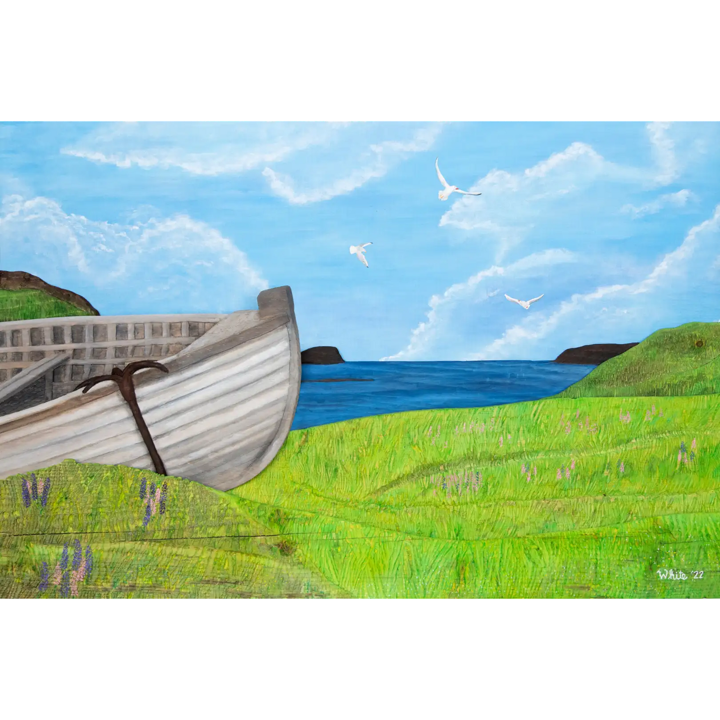"New Beginnings" is a print featuring a wooden fishing boat that sits on a green Newfoundland shore with the ocean and seagulls in the background.