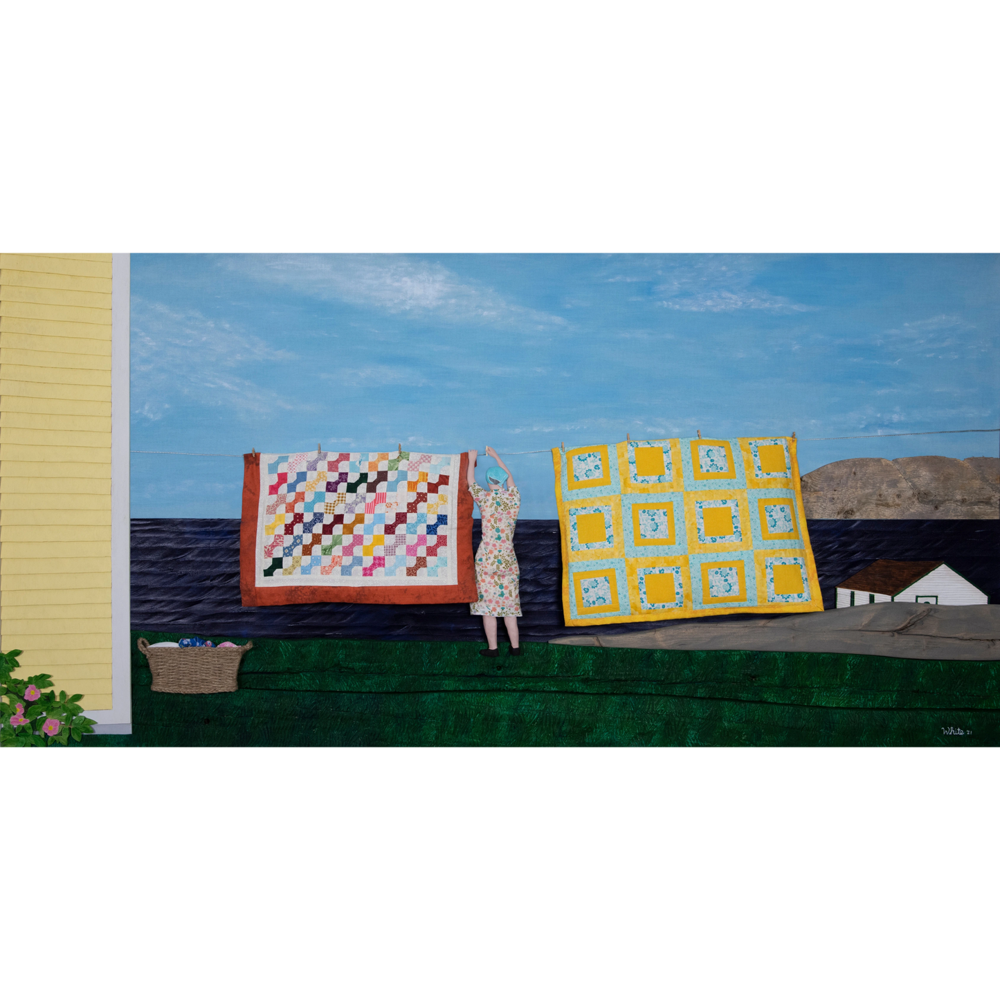 "Quilts" canvas print features a woman in a yellow dress hanging quilts with the ocean and Twillingate coast in the background.