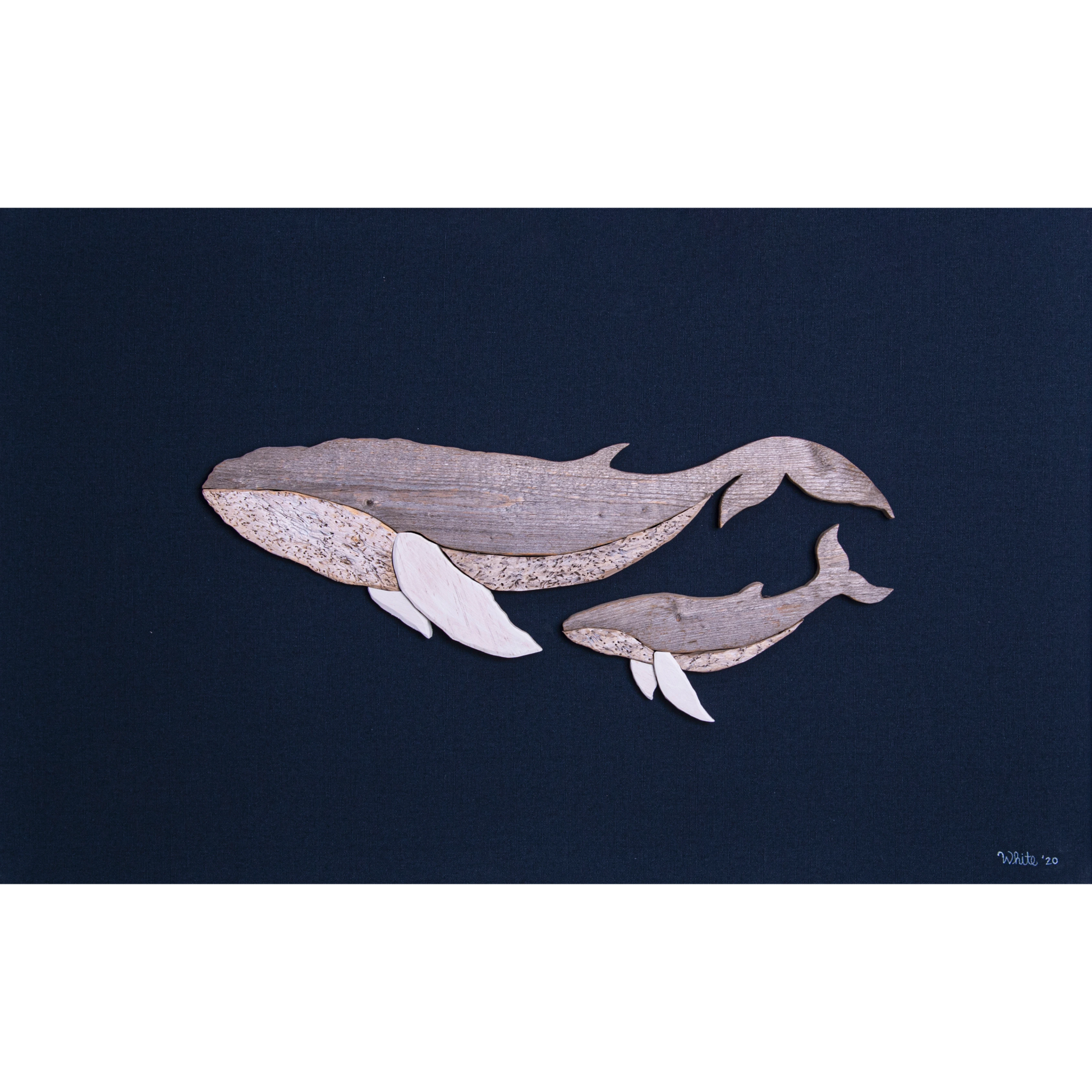 "The Mother" reproduction print depicts a mother whale and her calf swimming together. The pale wooden whales contrast against the navy blue background.
