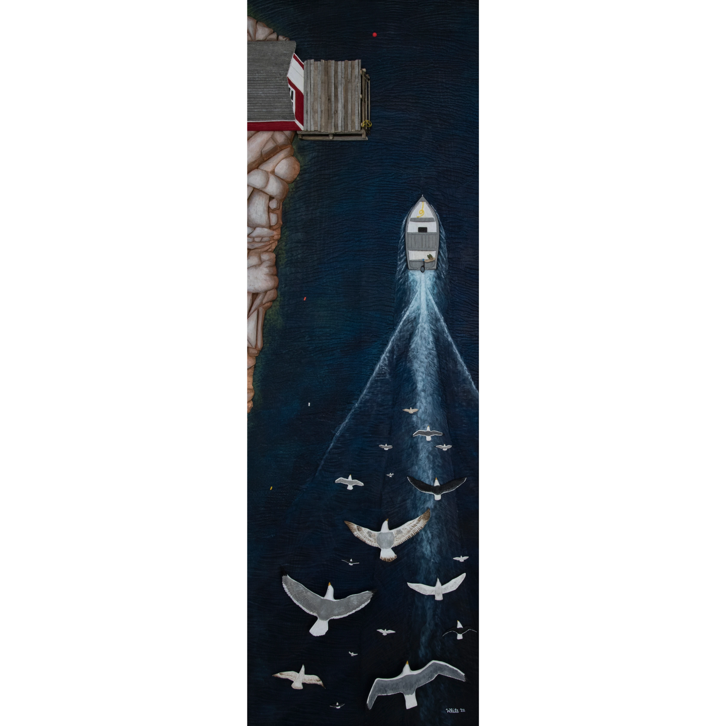 Bring the beauty of Newfoundland's coastline into your home with "Rush Hour" canvas print of a mesmerizing bird's-eye view of a boat sailing through the ocean.