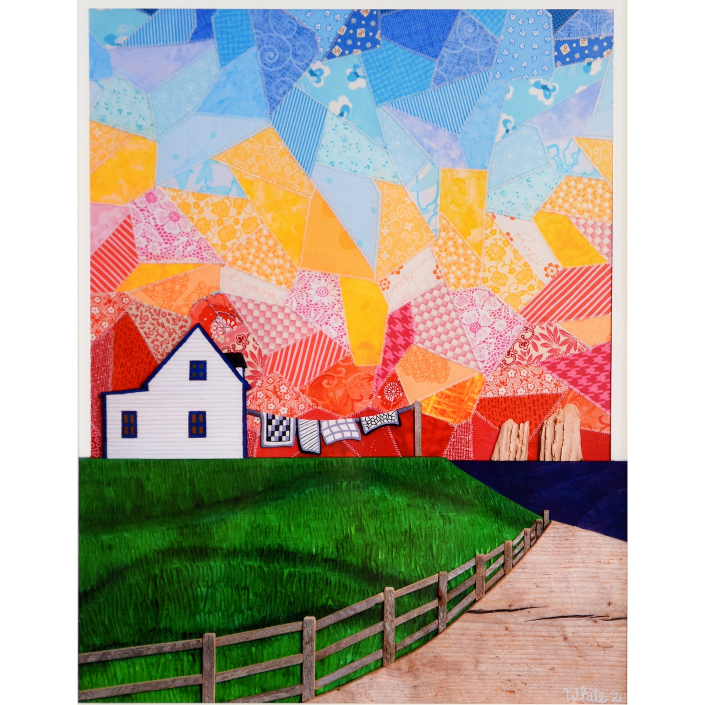 "Twillingate Sunrise" is a serene reproduction print showcasing a house against a patchwork pink and orange sky, with a green lawn and ocean in the foreground.