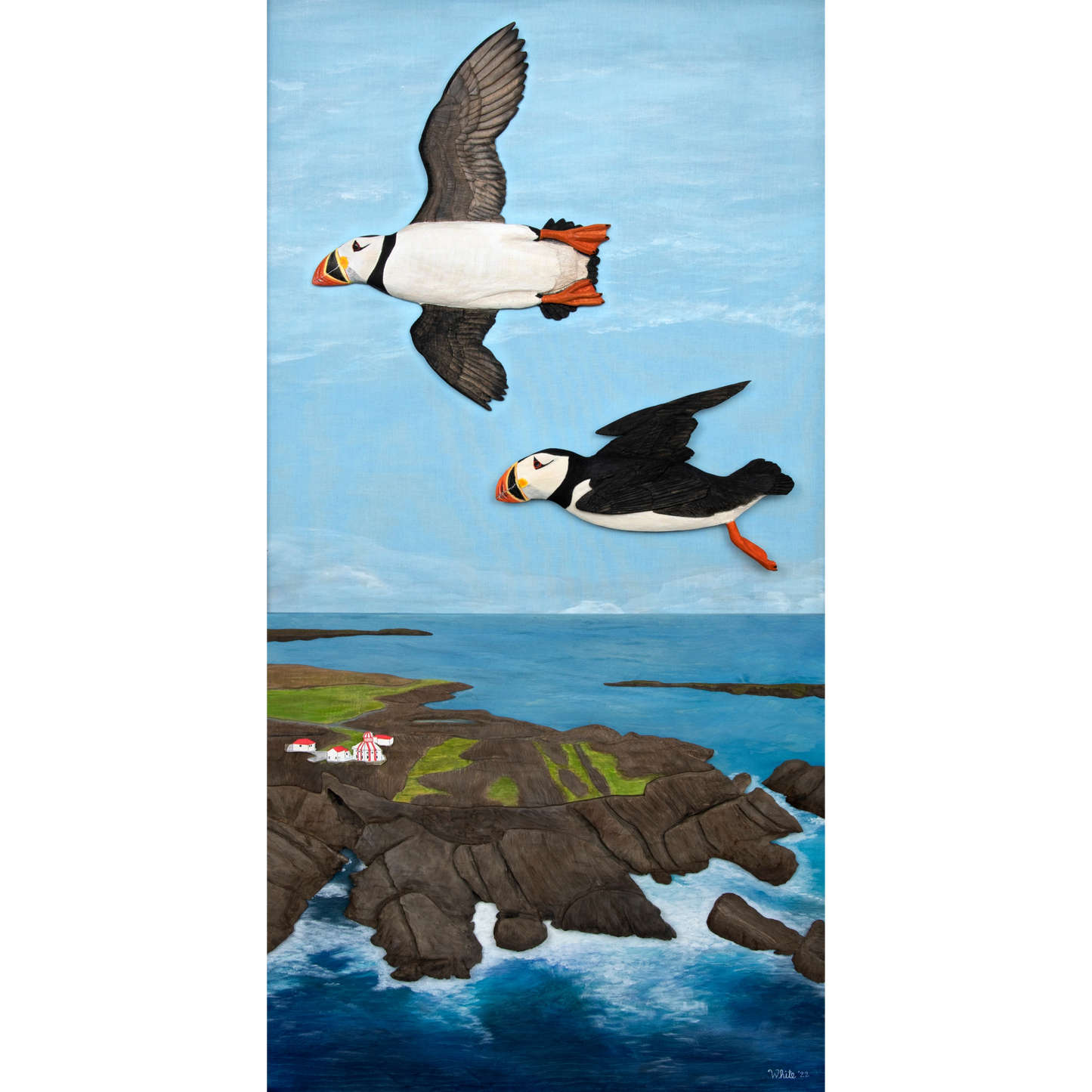 "Over the Cape" reproduction print showcases two puffins flying over the rugged Newfoundland coast.