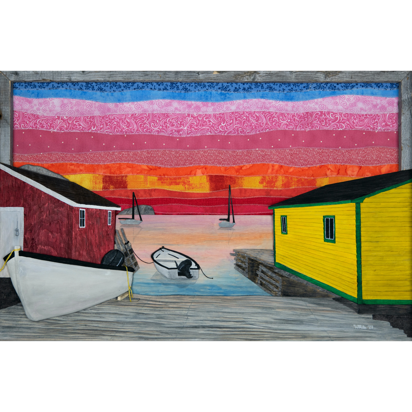 "Back Harbour Sunset" is a reproduction print showcasing a picturesque view of Twillingate's sunset with fishing boats and a colourful sky.