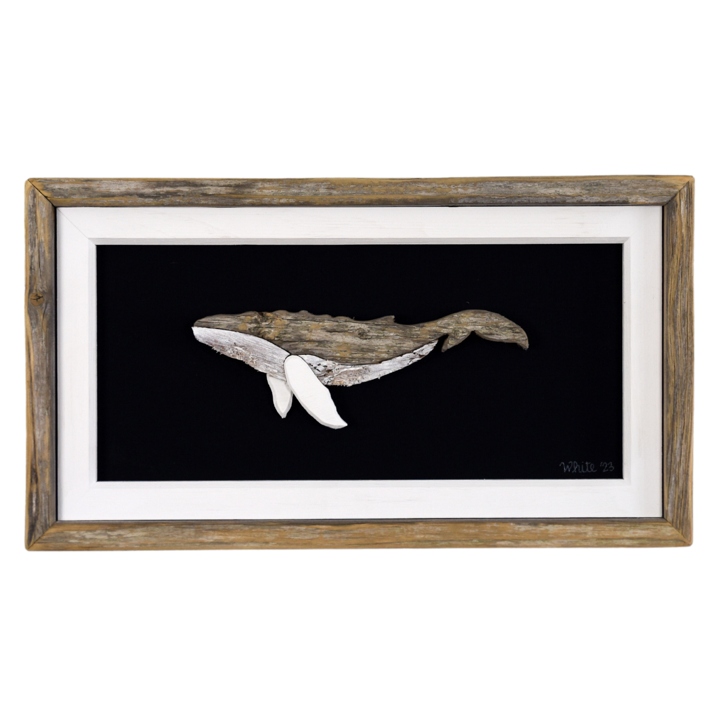 "The Humpback" by The White's Emporium is a mixed media artwork made from various woods and fabric featuring a humpback whale.