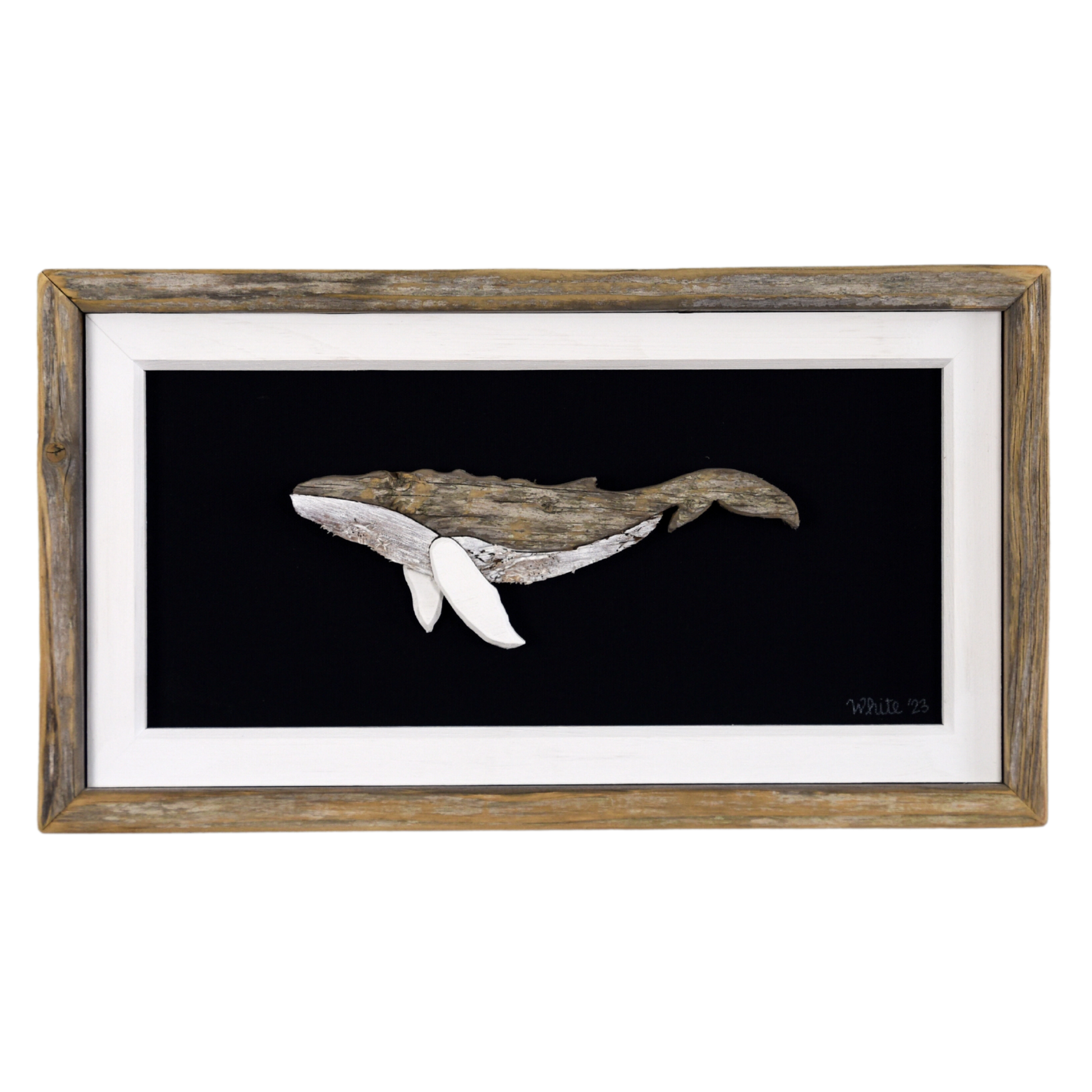 "The Humpback" by The White's Emporium is a mixed media artwork made from various woods and fabric featuring a humpback whale.