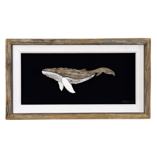 "The Humpback" by The White's Emporium is a mixed media artwork made from various woods and fabric featuring a humpback whale.