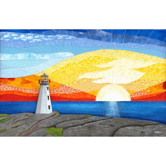 "Eastern Glow" print showcases a lighthouse on a hill and the sky patched with stunning waves of orange and red hues, blending into the ocean's deep blue.