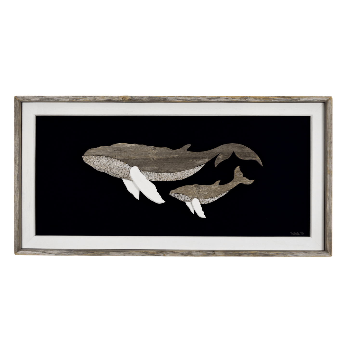 The White's Emporium's "The Mother" driftwood art piece features two humpback whales made from reclaimed wood and driftwood sourced in Newfoundland.