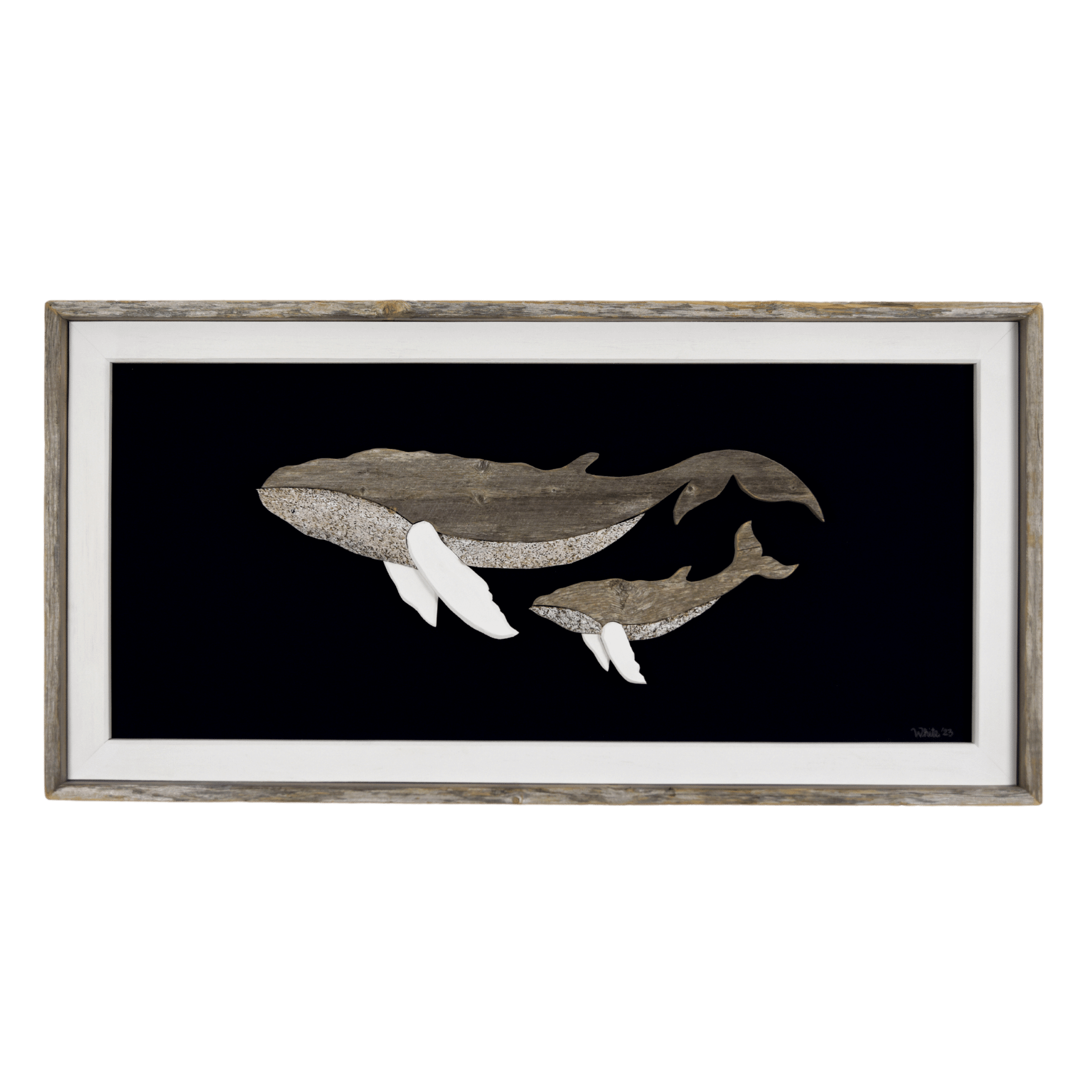 The White's Emporium's "The Mother" driftwood art piece features two humpback whales made from reclaimed wood and driftwood sourced in Newfoundland.
