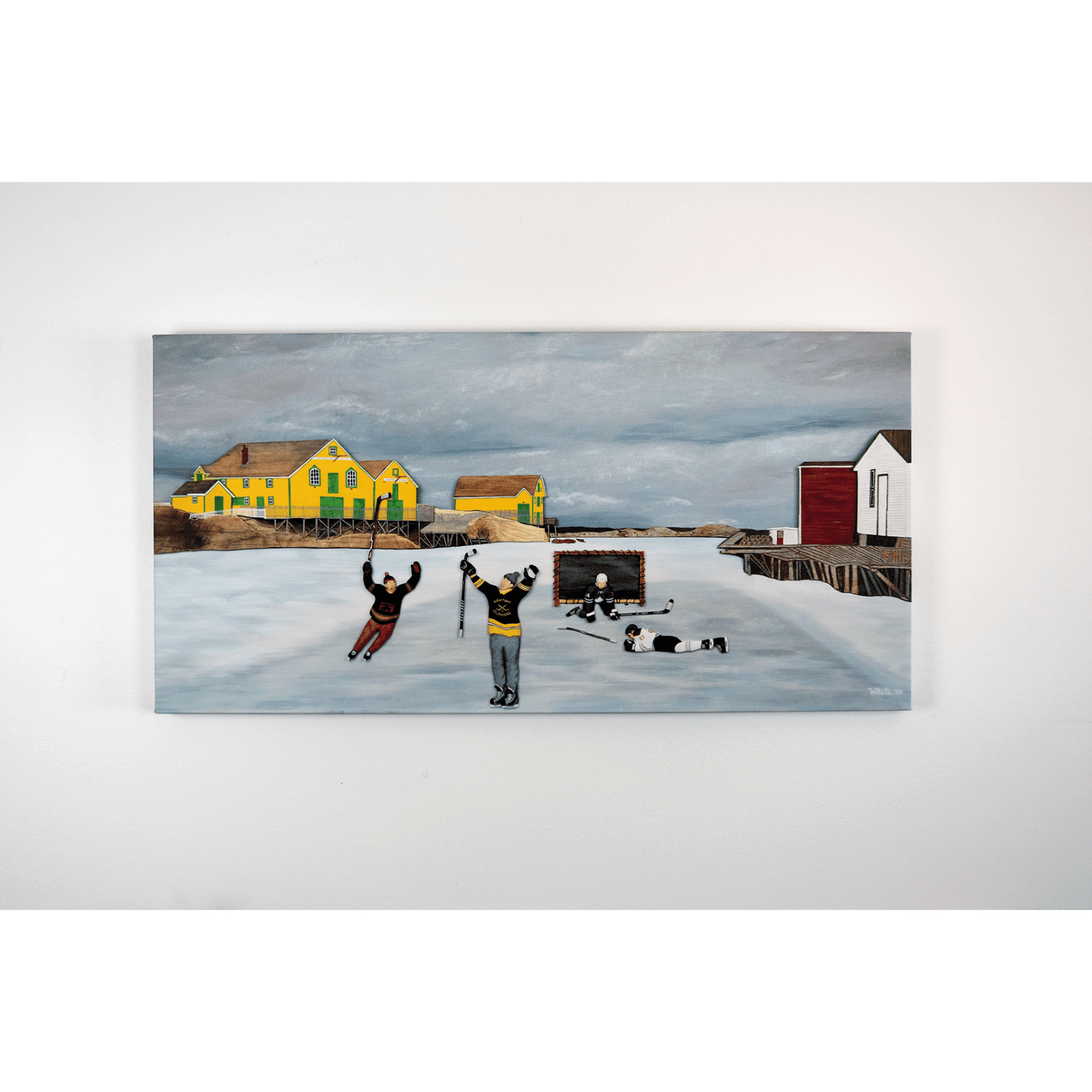 Experience the joy of winter in rural Newfoundland with "Still Got It" canvas print. This reproduction features people playing hockey outside.