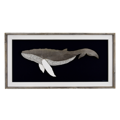 The Grandback features a whale made from reclaimed wood and driftwood with driftwood/reclaimed wood frame, white pine inside trim, and a navy or black canvas backing.