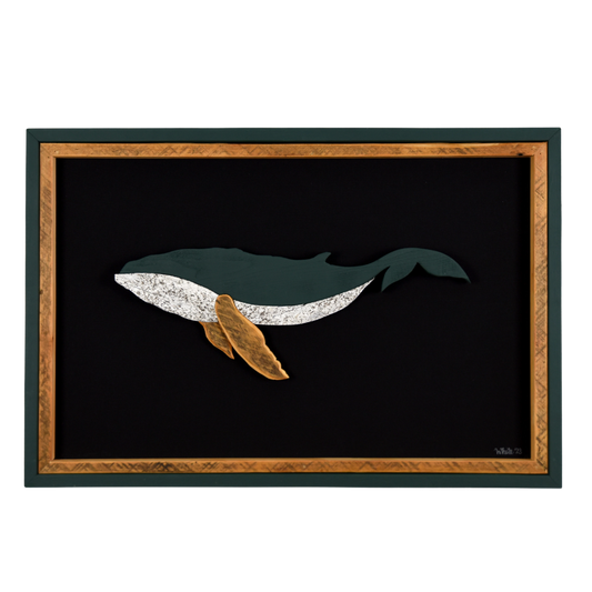 The Humpback showcases a humpback whale made from reclaimed wood and driftwood with green exterior frame, brown tone wood interior trim and fins, and a black canvas.