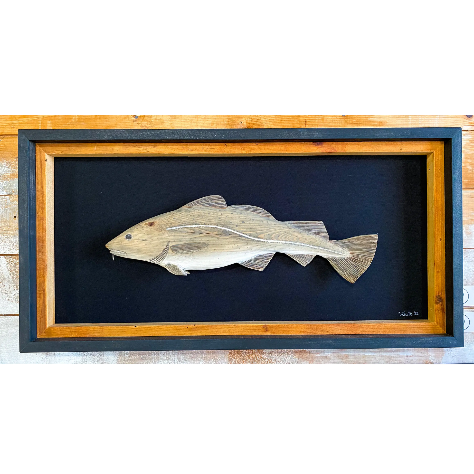 "The Cod Fish" is an original driftwood mixed-media art piece of a cod fish