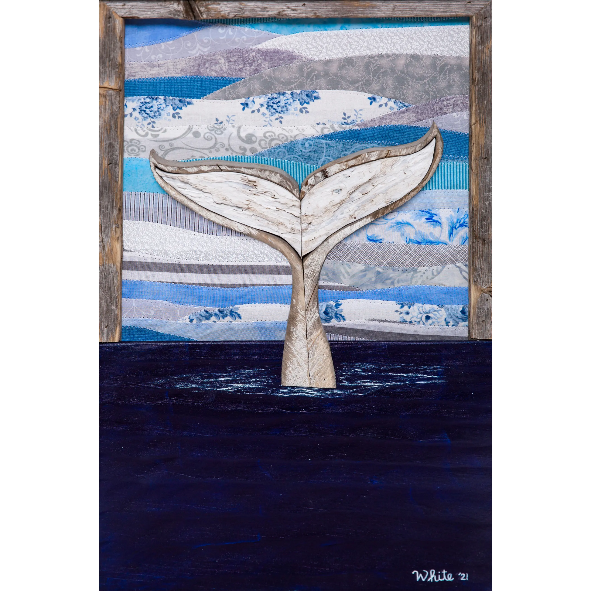 Shop for Newfoundland driftwood art at The White's Emporium. This Print piece shows a whale tail diving into the water against a quilted fabric sky.