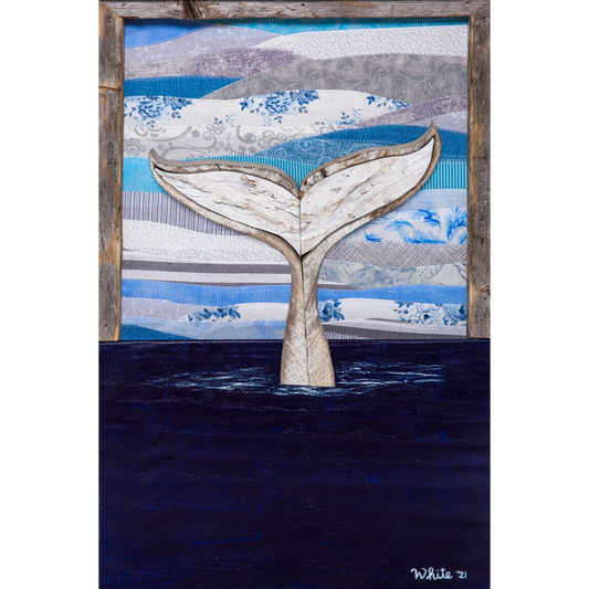 Shop for Newfoundland driftwood art at The White's Emporium. This Print piece shows a whale tail diving into the water against a quilted fabric sky.