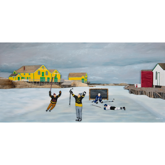 Experience the joy of winter in rural Newfoundland with "Still Got It" print. This reproduction features people playing hockey outside.