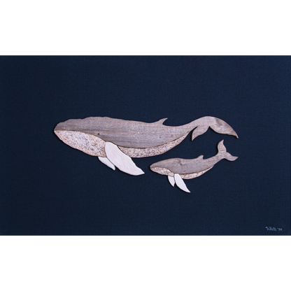 "The Mother" reproduction print depicts a mother whale and her calf swimming together. The pale wooden whales contrast against the navy blue background. 