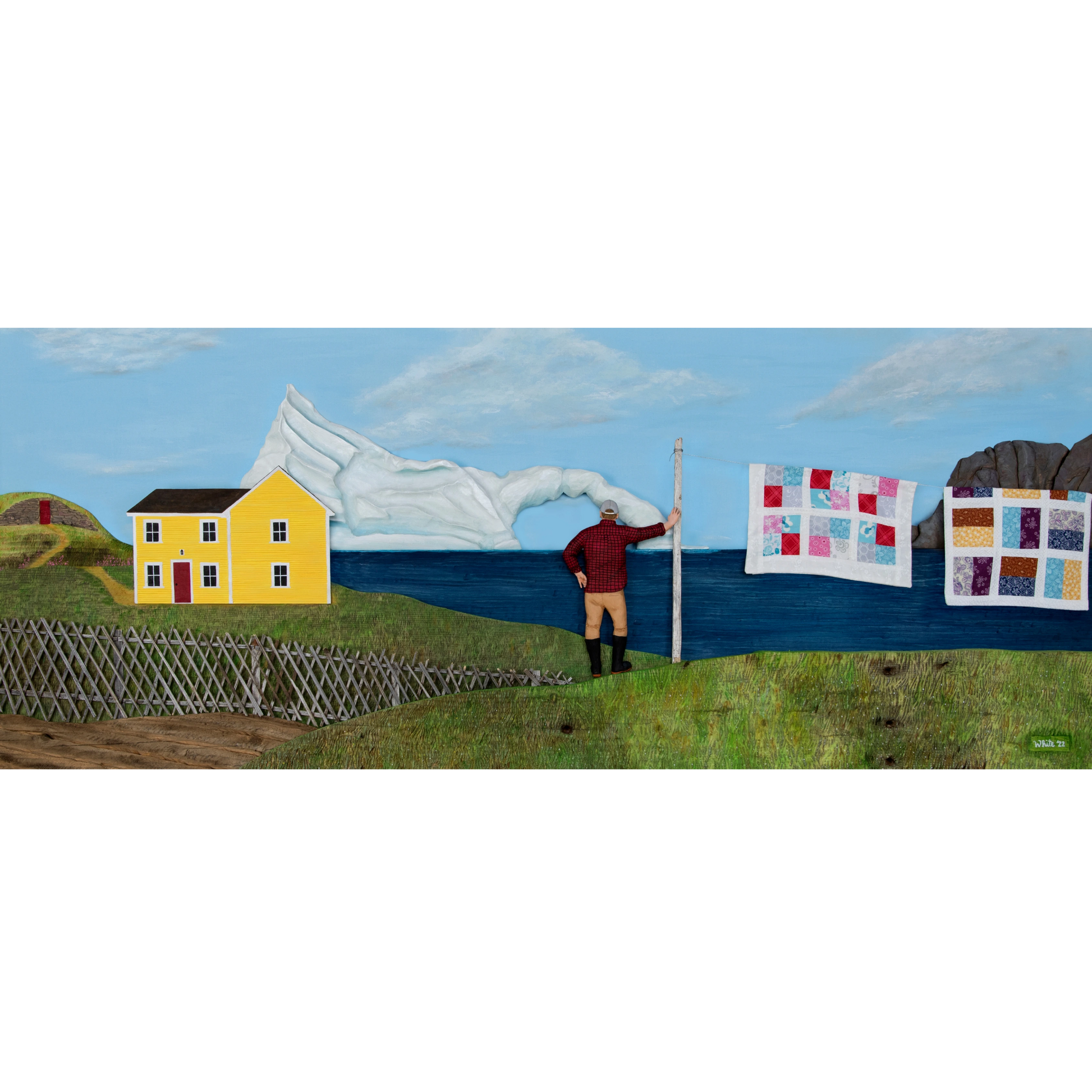 "Living Amongst Giants" canvas captures a classic Twillingate scene with a man watching an iceberg pass the shores of Newfoundland.