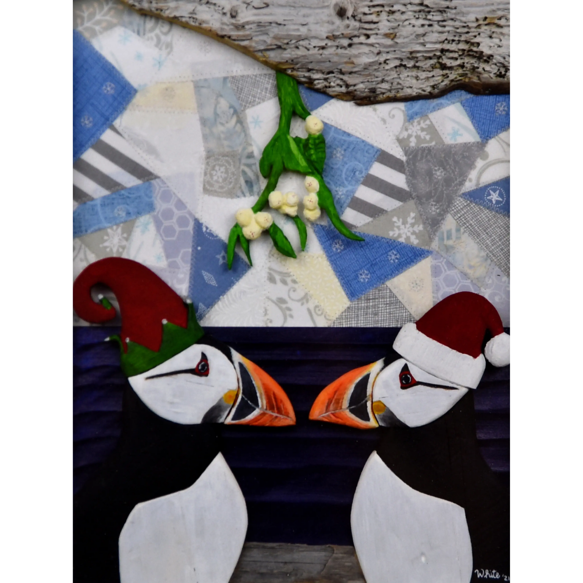  Add a playful touch to your holiday decor with our "Under the Mistletoe" print. It features 2 charming puffins in Santa and Elf hats, kissing under a mistletoe.