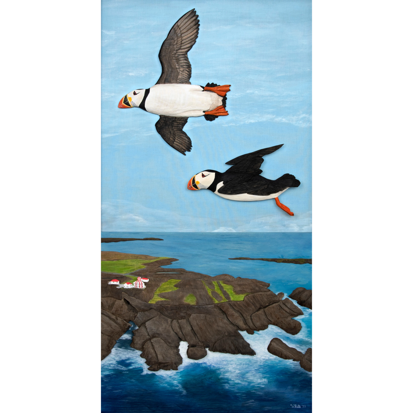  "Over the Cape" reproduction print showcases two puffins flying over the rugged Newfoundland coast.