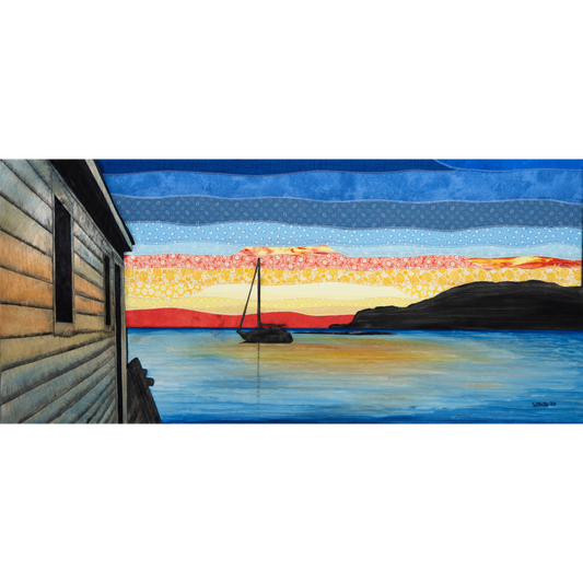 "Silhouettes" is a reproduction canvas that depicts a sailboat at sunset in Back Harbour, Twillingate. The red and orange hues are reflected in the calm ocean.