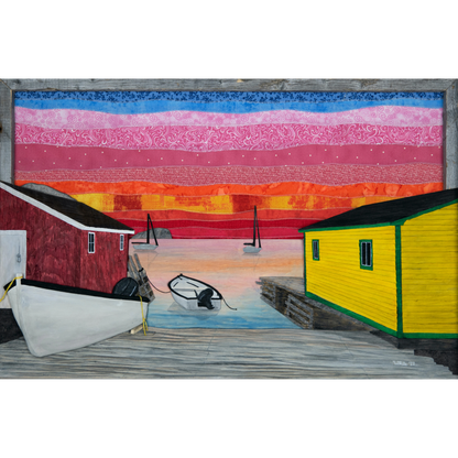 "Back Harbour Sunset" is a reproduction print showcasing a picturesque view of Twillingate's sunset with fishing boats and a colourful sky.