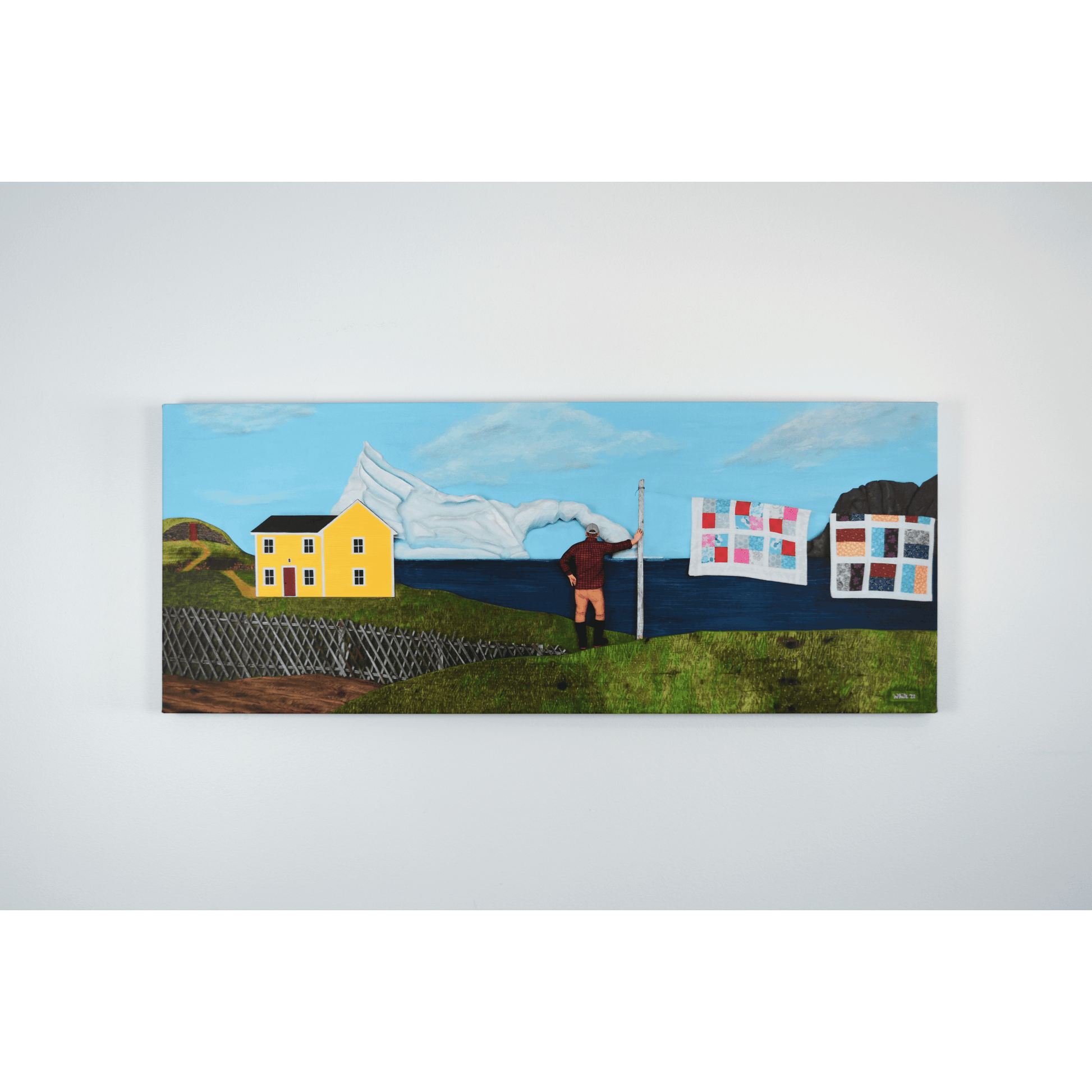 "Living Amongst Giants" canvas captures a classic Twillingate scene with a man watching an iceberg pass the shores of Newfoundland.