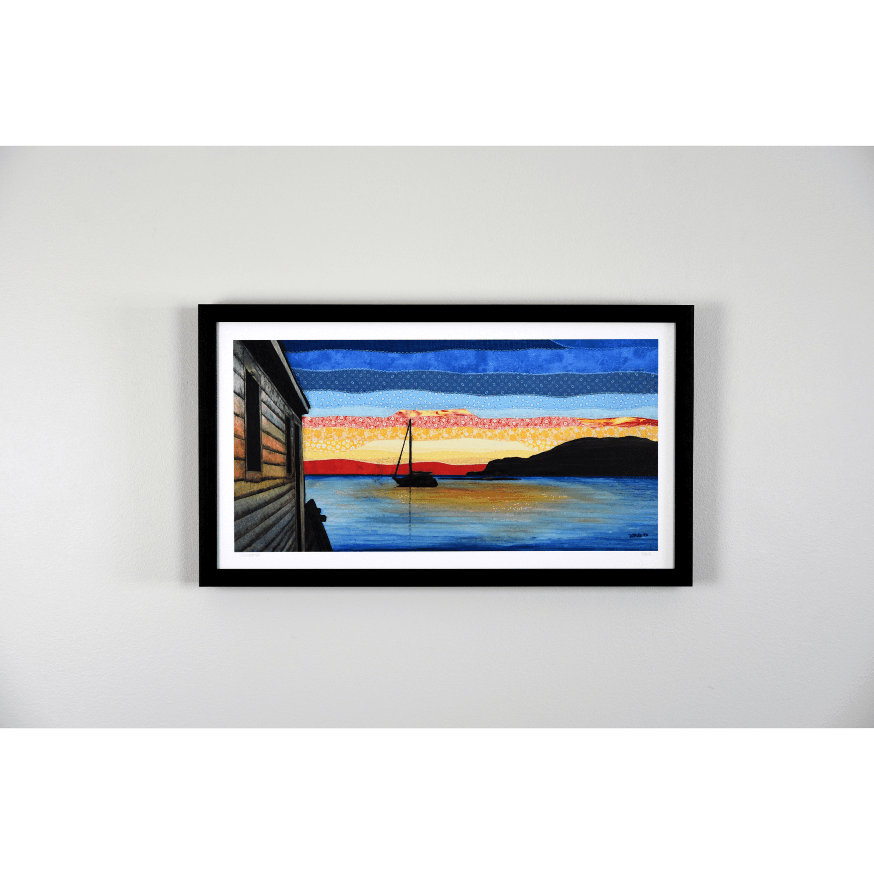  "Silhouettes" is a reproduction print that depicts a sailboat at sunset in Back Harbour, Twillingate. The red and orange hues are reflected in the calm ocean.