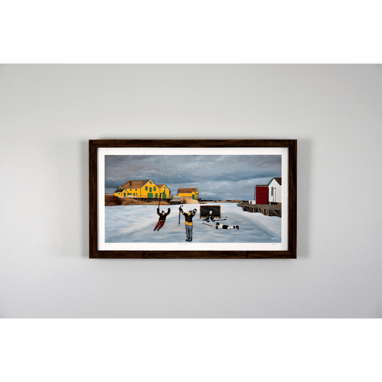 Experience the joy of winter in rural Newfoundland with "Still Got It" print. This reproduction features people playing hockey outside.