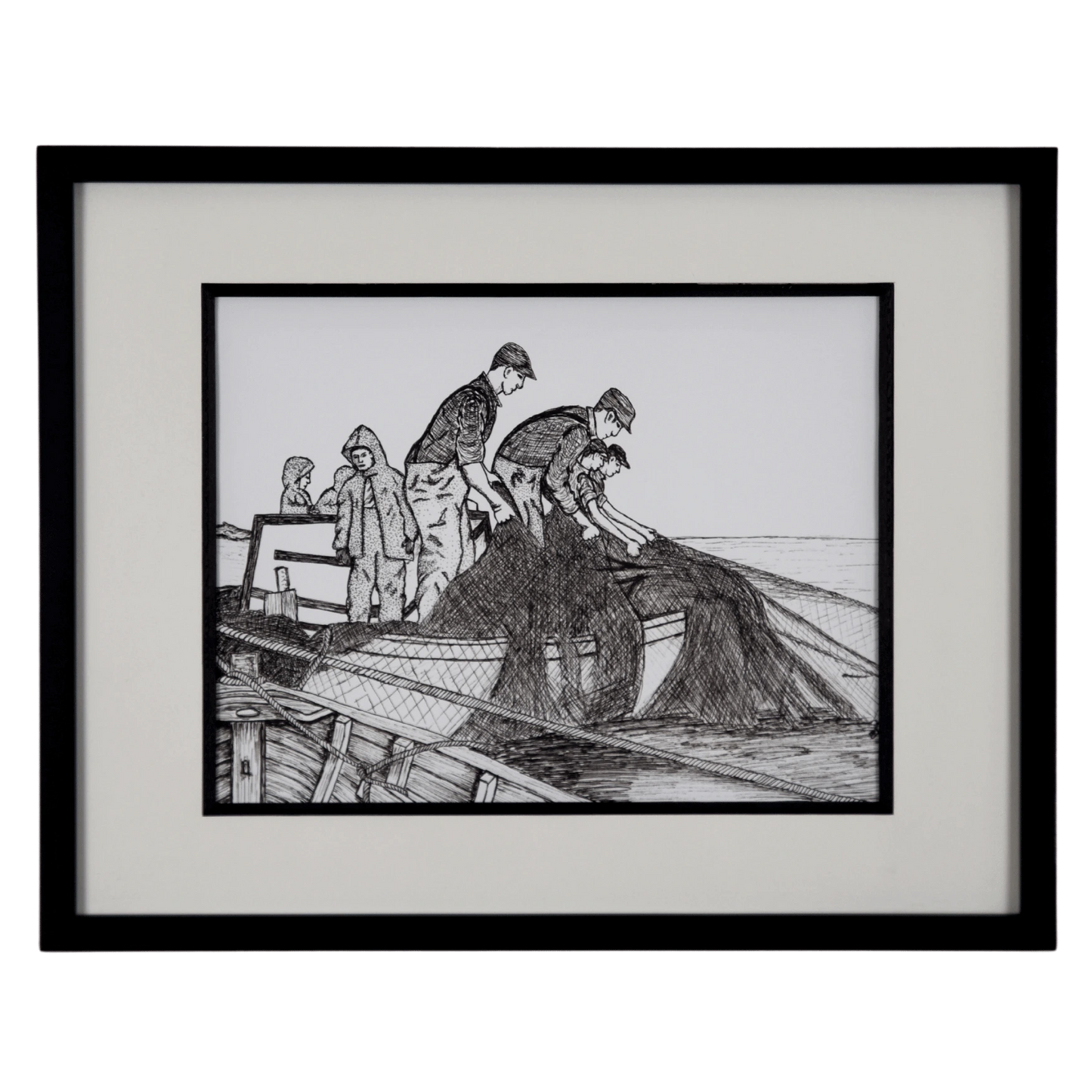 Add a touch of rustic charm with "The Haul" reproduction print. This pen and ink print features fishermen hauling their nets to the boat.