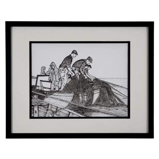 Add a touch of rustic charm with "The Haul" reproduction print. This pen and ink print features fishermen hauling their nets to the boat.