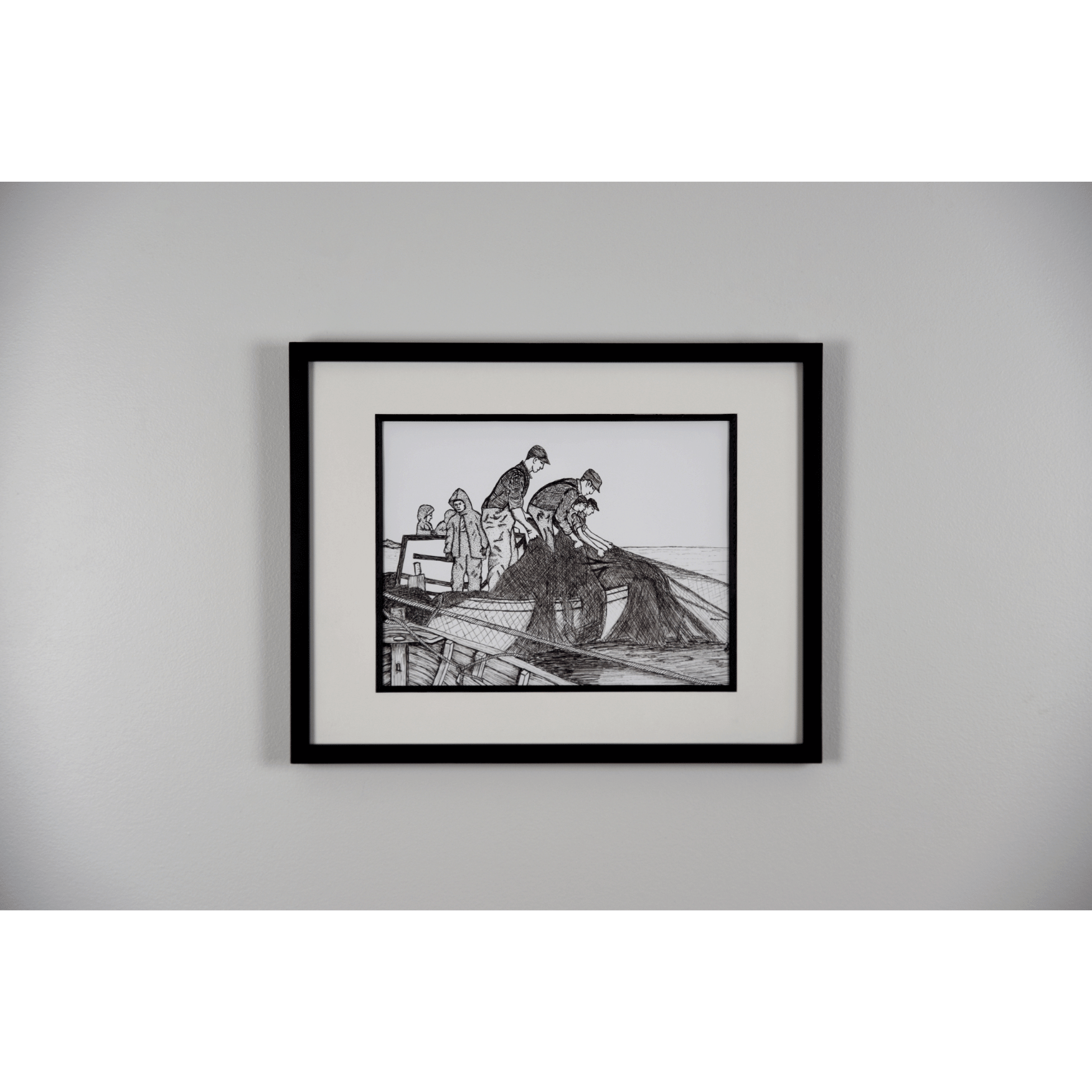 Add a touch of rustic charm with "The Haul" reproduction print. This pen and ink print features fishermen hauling their nets to the boat.
