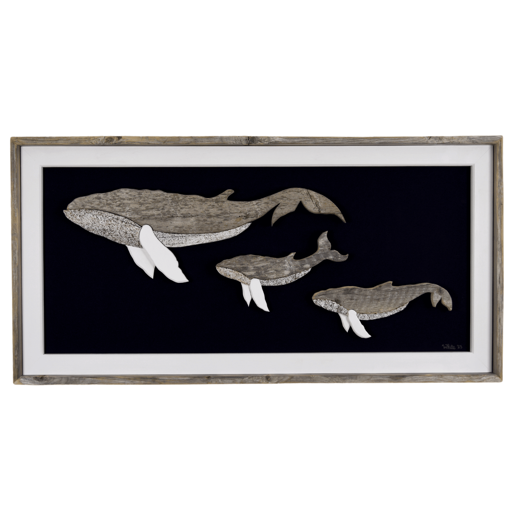 The White's Emporium's driftwood art piece features three humpback whales, a mother and 2 calves, made from reclaimed wood and driftwood sourced in Newfoundland.
