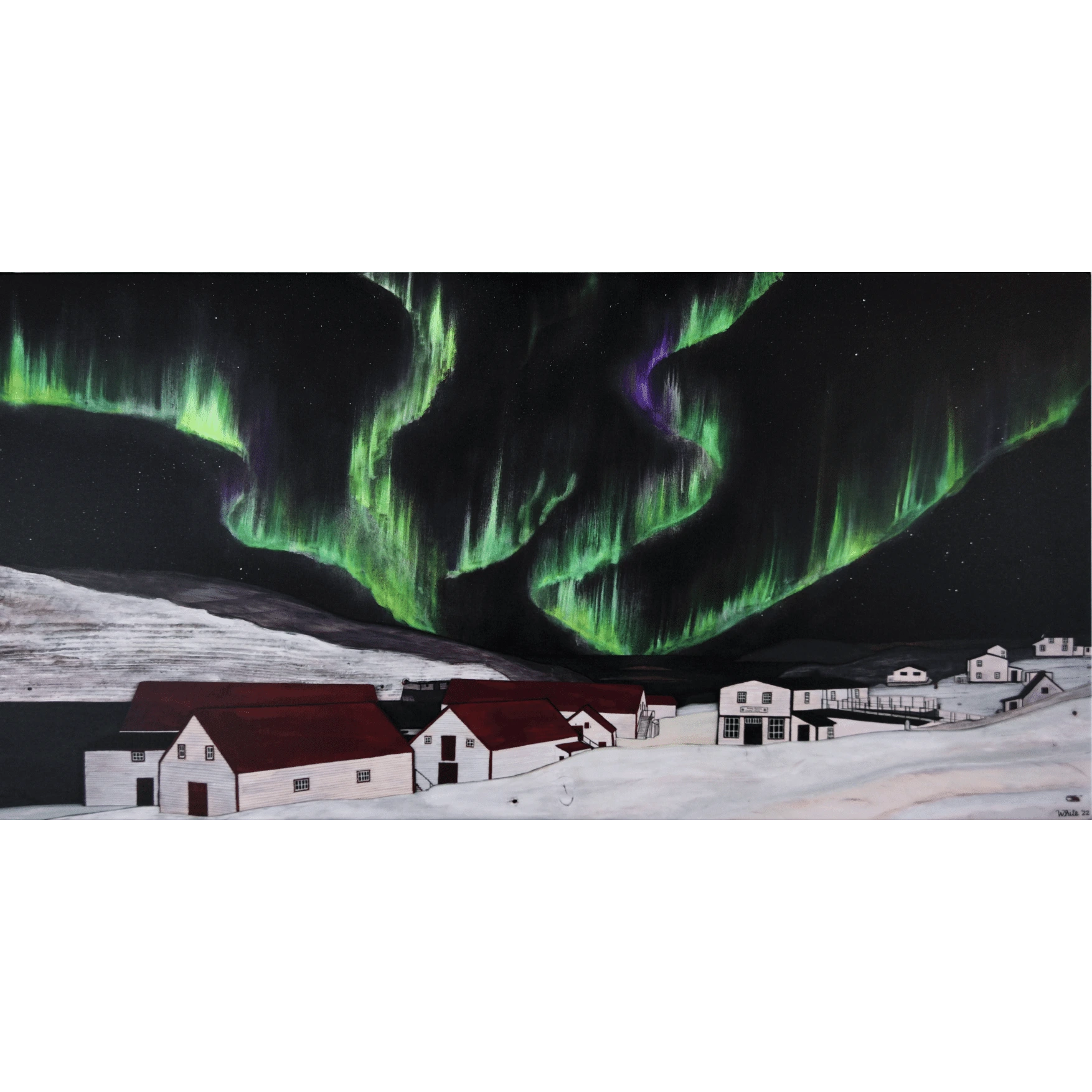  "The Northern Lights of Battle Harbour" reproduction print captures the vibrant colours of the aurora borealis over historic Battle Harbour during winter.