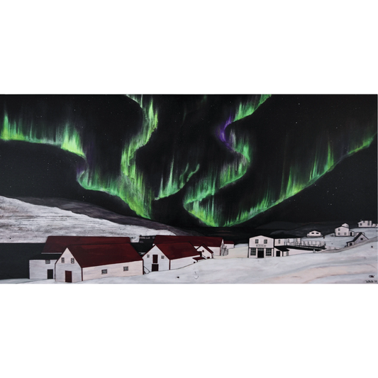  "The Northern Lights of Battle Harbour" reproduction print captures the vibrant colours of the aurora borealis over historic Battle Harbour during winter.