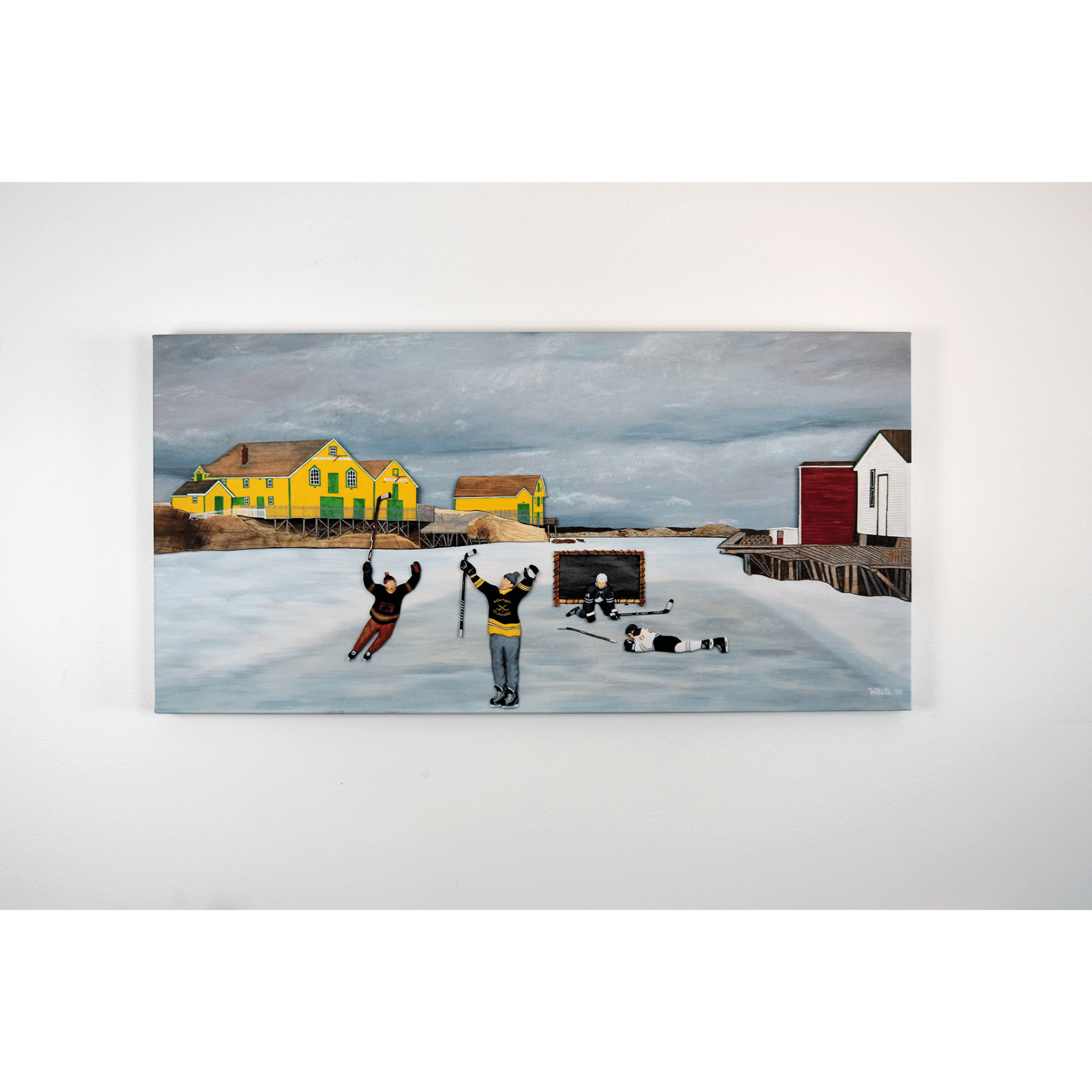 Experience the joy of winter in rural Newfoundland with "Still Got It" canvas print. This reproduction features people playing hockey outside. 
